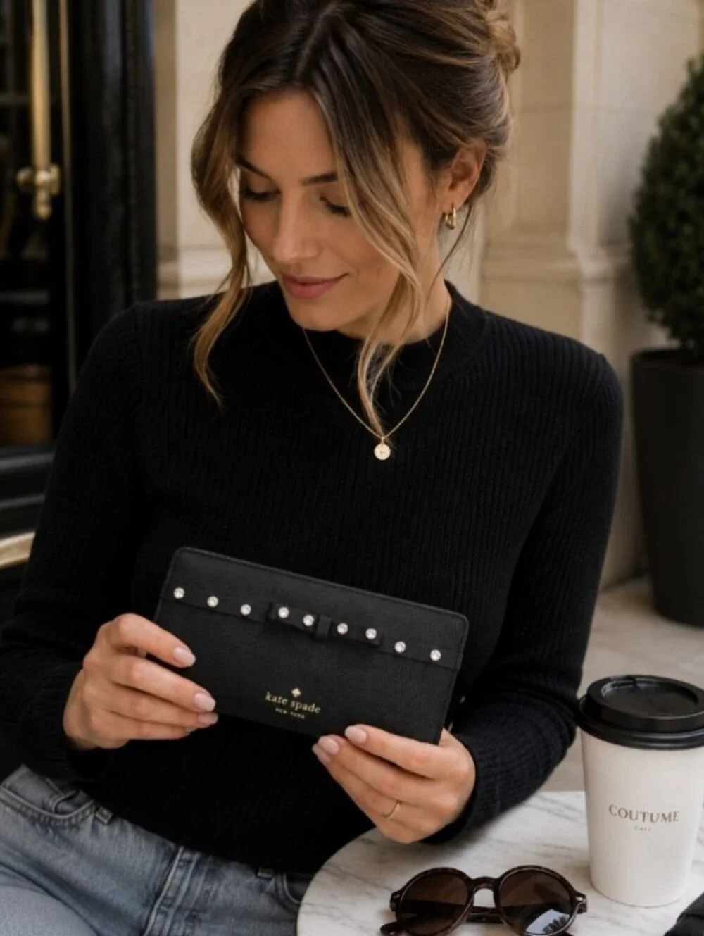 Kate Spade New York Black Leather Jeweled Bow Wallet